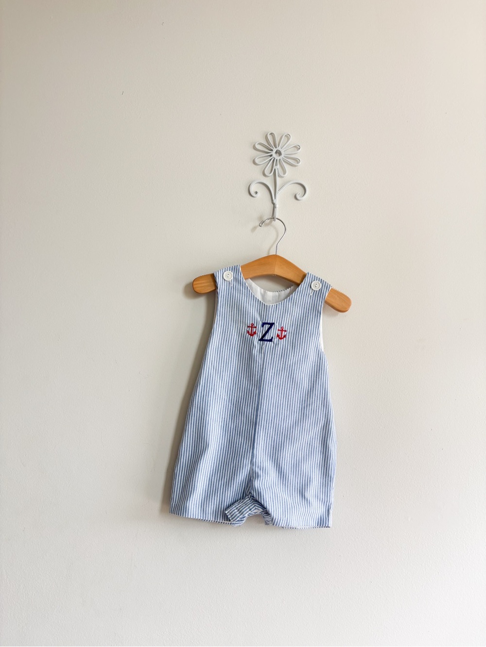 Baby Blue & White Striped Infant Romper with Embroidered Anchor “Z” monogram